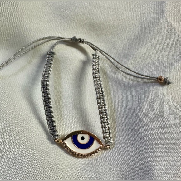 Grey Macrame Oval Evil Eye Turquoise & Cubic Zirconia Setting Bracelet - Picture 2 of 3
